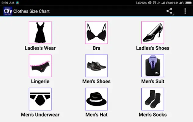 Clothes, Bra, Socks Size Chart android App screenshot 0